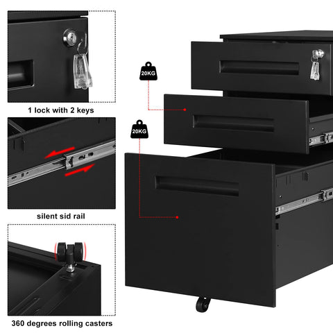 Rootz Rolling Office Cabinet - Mobile Filing System - Document Storage - Secure Drawer Unit - Portable Organizer - File Holder - Black - 45x60x39cm