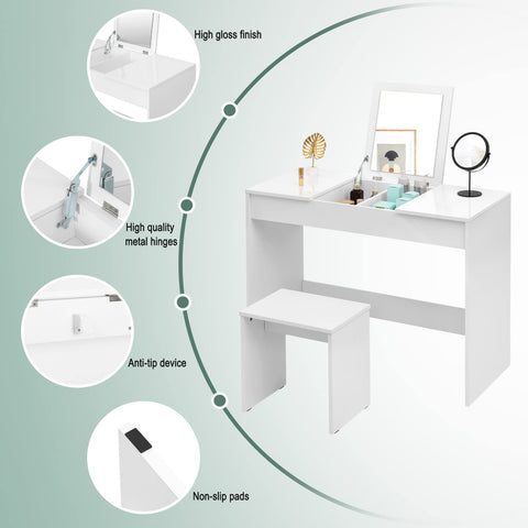 Rootz Vanity Table - Makeup Desk - Cosmetic Station - Beauty Counter - Dresser - Grooming Stand - White - 45 x 76 x 100 cm