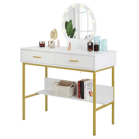 Rootz Dressing Table - Vanity Desk - Makeup Station - Cosmetic Organizer - Beauty Stand - Illuminated Mirror Setup - White and Gold - 100x40x125cm