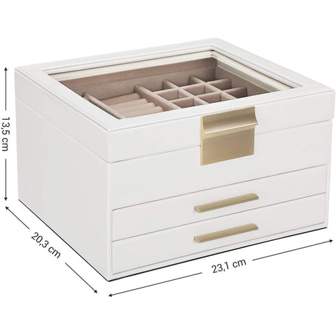 Rootz Jewelery box - Jewelery box - Glass - 3 Levels - 2 Drawers - White - 23.1 x 20.3 x 13.5 cm