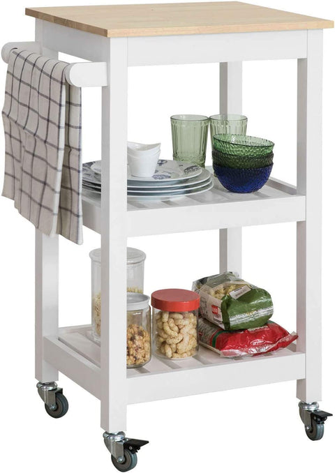 Rootz Kitchen Storage Trolley Serving Trolley Kitchen Shelf with Rubber Wood Top 2 Shelves