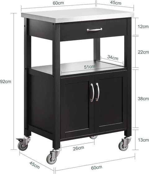 Rootz Modern Kitchen Trolley - Cart Storage Trolley - Serving Trolleys - Kitchen Cabinet with Stainless Steel Worktop