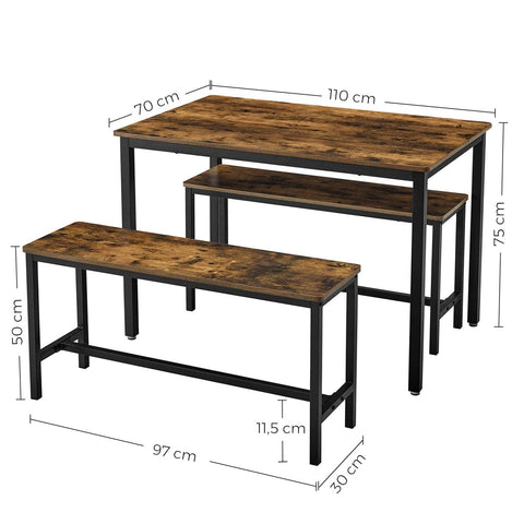 Rootz Dining Table - Kitchen Table Set with 2 benches each (97 x 30 x 50) cm - Metal frame - Industrial design (110 x 70 x 75 cm)