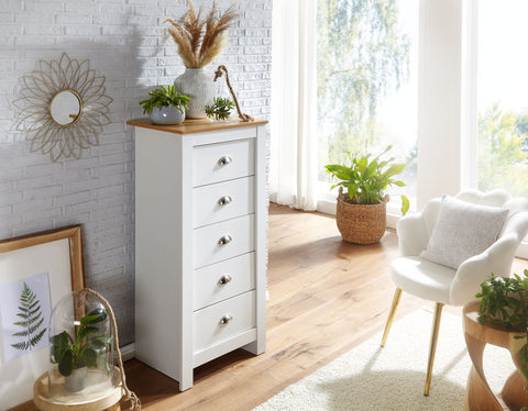 Rootz Sideboard - Tall Narrow Design with 5 Drawers - Stylish Chest of Drawers for Living Room - Modern White Oak - 53x114x39 cm