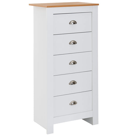 Rootz Sideboard - Tall Narrow Design with 5 Drawers - Stylish Chest of Drawers for Living Room - Modern White Oak - 53x114x39 cm