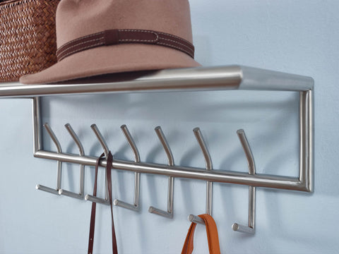 Rootz Silver Metal Wall Coat Rack with Shelf - Stylish Hallway Organizer - Hat Shelf and Hook Rail for Efficient Storage