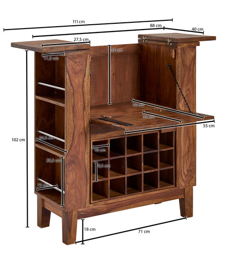 Rootz Wine Bar - Wine Cabinet with Bottle Storage - Modern Country House Bar - Sheesham Solid Wood - 88x102x40 cm