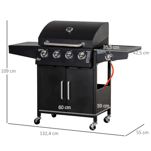 Rootz Gas Grill - BBQ With 3 Burners - Mobile Grill Trolley With 4 Wheels - Grill Net - Side Tables - Pressure Reducer - Hoses Cabinet - Multifunction - Steel - Black - 132.4 cm x 55 cm x 109 cm