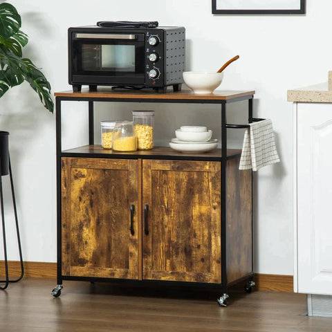 Rootz Kitchen Trolley - Industrial Design - 1 Shelf - 1 Cupboard - 4 Wheels - Black + Brown - 90 cm x 40 cm x 90 cm