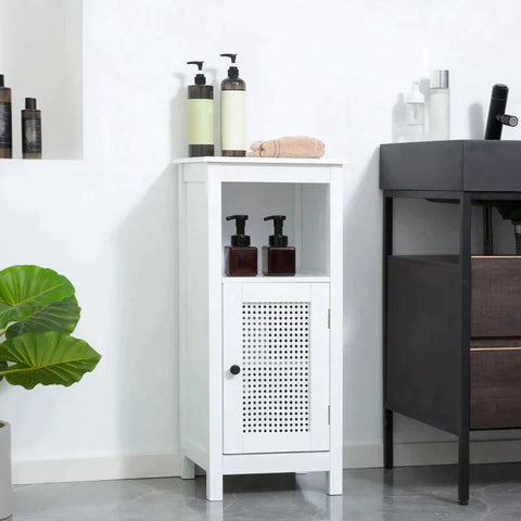 Rootz Bathroom Cabinet - 1 Compartment - 1 Cupboard - Cabinet Door In Rattan Look - MDF - Wood - White - 35 cm x 32 cm x 80 cm