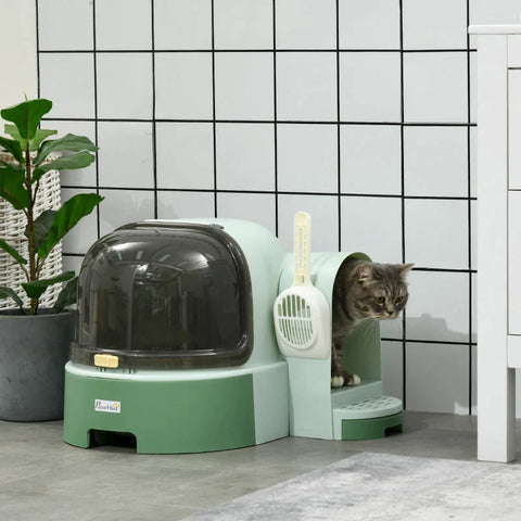 Rootz Cat Litter Box - 2 Pull-Out Trays - 1 Shovel - Litter Tray - Removable Hood - Green + Black - 52cm x 60cm x 42cm