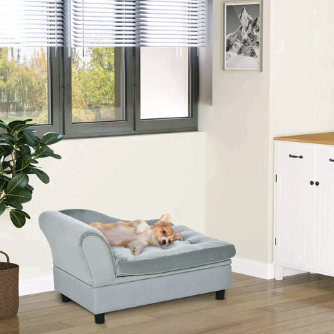 Rootz Dog Sofa - Pet Sofa with Mat - Dog Bed - Dog Mat - Natural Wood+Plush - Light Blue - 76 x 45 x 41.5cm