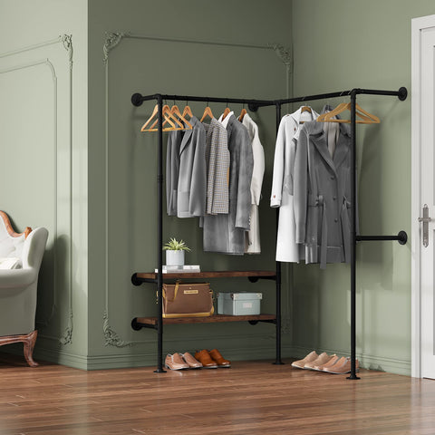 Rootz Corner Wardrobe - Closet - Clothes Organizer - Garment Rack - Storage System - Dressing Unit - Apparel Stand - Black + Vintage Wood Grain - 130.5x187x130.5cm