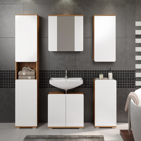 Rootz Bathroom Mirror - Elegant Vanity Mirror - Stylish Wall Mirror in White High Gloss and Artisan Oak - 60 x 63 x 10 cm