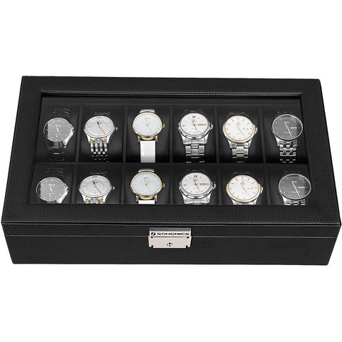 Rootz Watch Box - Watch Storage - 12 Compartments - Velvet - PU - Metal Buckle - Black - 36.2 X 9 X 21.3 cm
