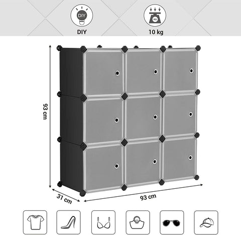 Rootz Storage System - 9 Cubes - Organizer - Storage - Plastic - Plastic - Black - 93 x 31 x 93 cm