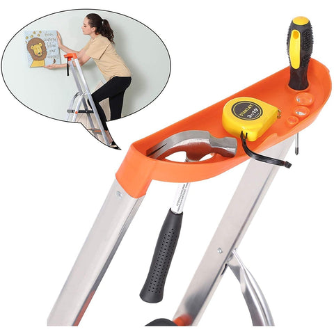 Rootz Ladder - 4 Treads - Aluminum - Stepladder - Tool Tray - Anti-Slip - Black - Orange - 44 x 11.5 x 156 cm
