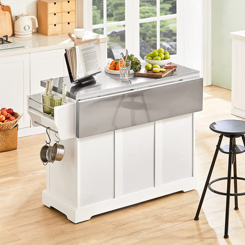 Rootz Extendable Kitchen Island - Cabinet Sideboard Kitchen - Storage Trolley with Stainless Steel Worktop