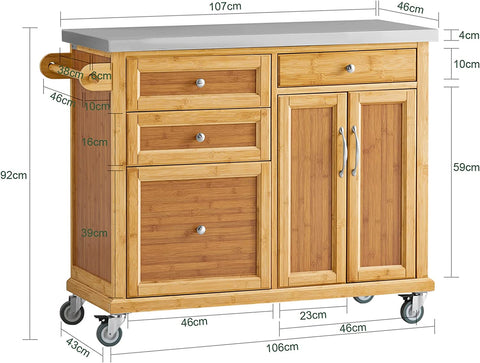 Rootz Kitchen Storage Trolley - Kitchen Island - Kitchen Cabinet - Cupboard - Sideboard with Stainless Steel Top