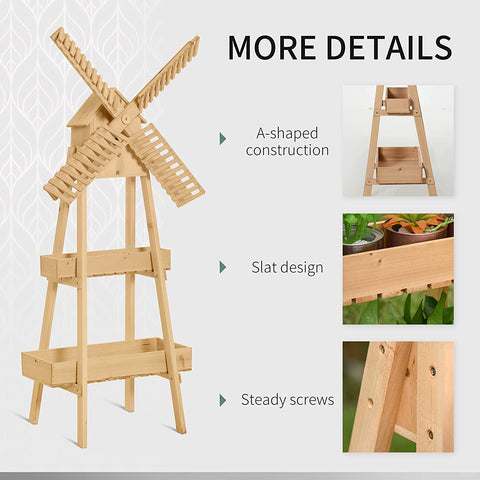 Rootz Plant Stand - Wooden Plant Rack - Windmill Flower Stand - Bamboo Flower Shelf - Garden - Natural - 80 x 44 x 154 cm