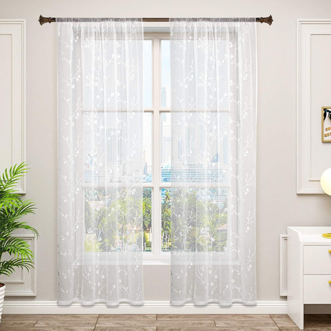 Rootz Embroidered Sheer Floral Drapes - Window Curtains - Decorative Panels - Translucent Voile Hangings - Elegant Home Decor - White - 140x175 cm