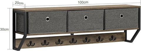Rootz Wall Coat Rack Wall - Hallway Wall Shelf - Storage Cabinet with 3 Baskets 7 Hooks - W100 x D20 x H30cm