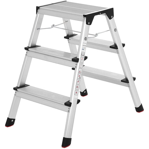 Rootz Household stairs - Kitchen ladder - Kitchen stairs - Stool - 3 steps - 3 positions - Aluminum - Silver - Black - 44 x 68 x 20 cm