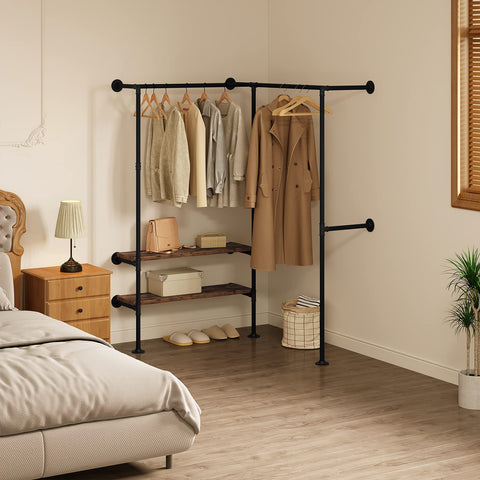Rootz Corner Wardrobe - Closet - Clothes Organizer - Garment Rack - Storage System - Dressing Unit - Apparel Stand - Black + Vintage Wood Grain - 130.5x187x130.5cm