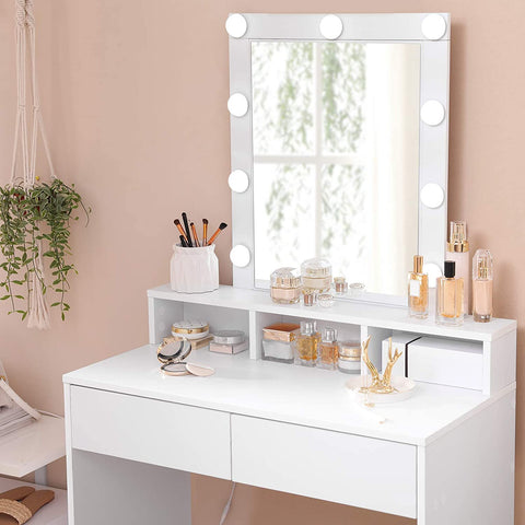 Rootz Dressing Table - Cosmetic Table - Mirror - Lighting - 2 Drawers - Open Compartments - White - Processed Wood - 80 x 40 x 145 cm