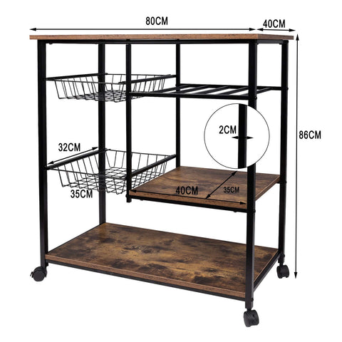Rootz Serving Trolley - Kitchen Cart - Storage Rack - Mobile Shelf - Rolling Stand - Utility Cart - Service Cart - Black, Brown - 80x40x86cm