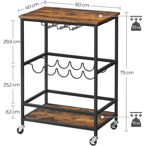 Rootz Kitchen trolley - Serving trolley - Bar trolley - On wheels - Bottle rack - Glass holders - Brown - Black - Processed Wood - Metal - 60 x 40 x 75 cm