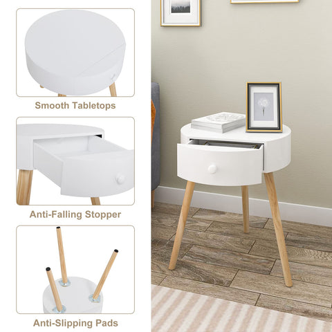 Rootz Round Bedside Table - Nightstand - Side Table - Accent Furniture - Bedroom Stand - Storage Unit - White - 38x47x38 cm