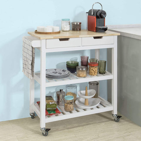 Rootz Kitchen Storage Trolley Serving Trolley Kitchen Shelf with Rubber Wood Top 2 Drawers 2 Shelves