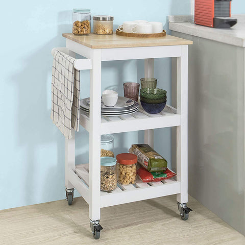 Rootz Kitchen Storage Trolley Serving Trolley Kitchen Shelf with Rubber Wood Top 2 Shelves