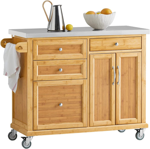 Rootz Kitchen Storage Trolley - Kitchen Island - Kitchen Cabinet - Cupboard - Sideboard with Stainless Steel Top