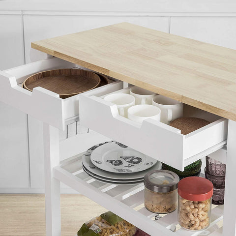 Rootz Kitchen Storage Trolley Serving Trolley Kitchen Shelf with Rubber Wood Top 2 Drawers 2 Shelves