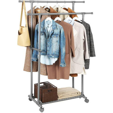 Rootz Clothes rack on wheels - Extendable coat rack with double rod - Mobile - Clothes racks - Max. load 70 kg - (87-150) x 52 x 166 cm - Grey