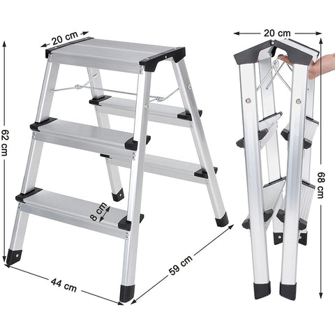 Rootz Household stairs - Kitchen ladder - Kitchen stairs - Stool - 3 steps - 3 positions - Aluminum - Silver - Black - 44 x 68 x 20 cm