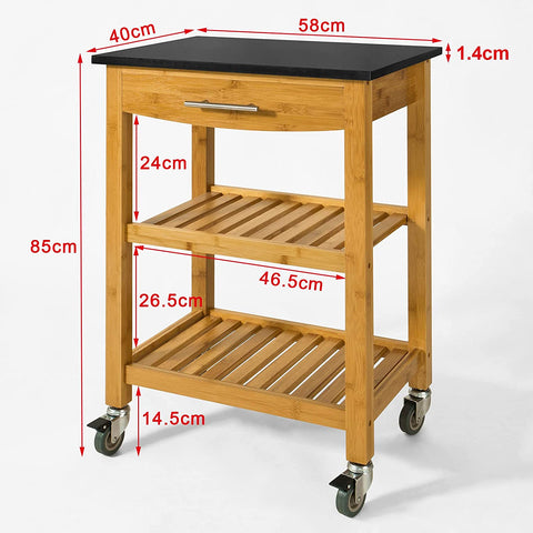 Rootz Bamboo Kitchen Trolley Cart - Kitchen Storage - Trolley Serving Trolley with Black Granite Countertop