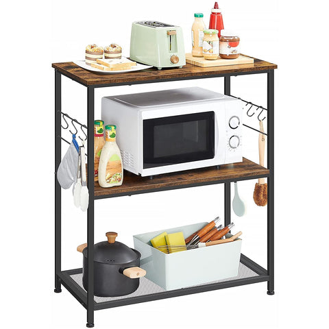 Rootz Kitchen Rack - Sideboard - Storage Rack - 3 Shelves - 6 Hooks - Processed Wood - Metal - Industrial - 80 x 40 x 90 cm