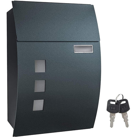 Rootz Mailbox - Lockable - Viewing Windows - With Keys - Nameplate - Black - 32 x 10 x 45 cm