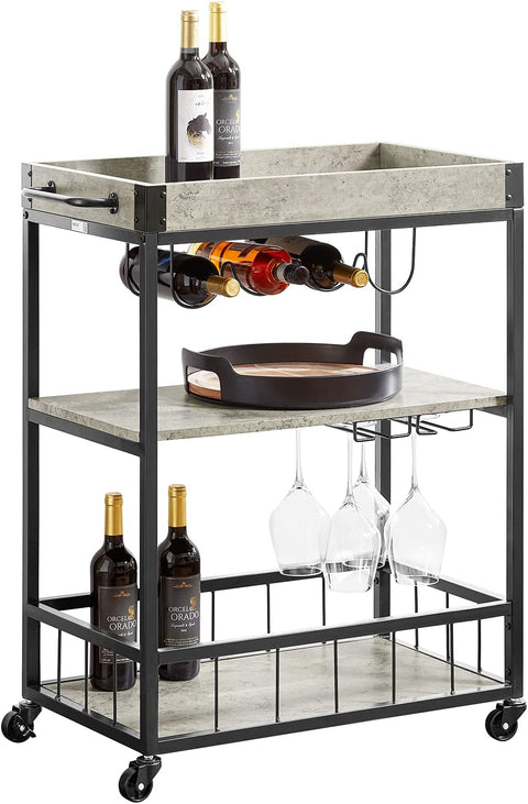 Rootz Modern Design 3 Tiers Kitchen Trolley Serving Trolley with Wine Rack Metal & MDF