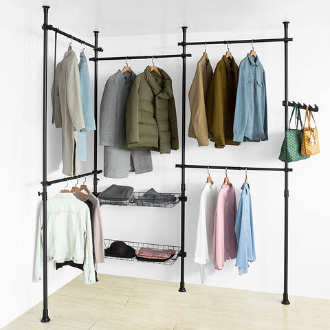 Rootz Adjustable Wardrobe Organizer - Clothes Shelf System Hanging Rail - Telescopic Storage Shelving