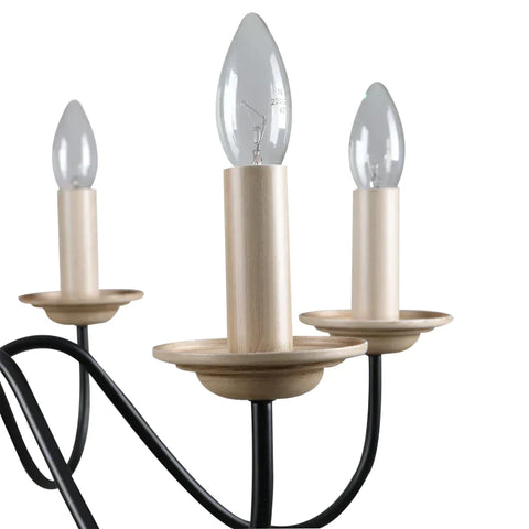 Rootz Chandelier - Hanging Lamp - 6 Lights - Pendant Light - Pendant Light With Glass - Steel - Black/Wood - 60 x 60 x 105 cm