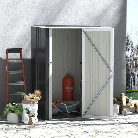 Rootz Garden Storage Shed - Garden Shed - Garden Metal Storage Shed - Tool Shed - With Sloped Roof - Lockable Door - Grey - 142 x 84 x 189 cm