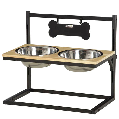 Rootz Raised Dog Bowl - Double Bowl Feeder with Steel Bowls - Pet Bowl - Height Adjustable - Pinewood - Black - 58 x 32 x 50 cm