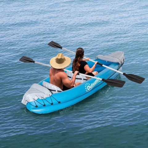 Rootz Inflatable Kayak - 2-Person Inflatable Boat - Canoe Set - With Air Chamber - Unisex - Aluminium Oars - Blue - 330x105x50cm