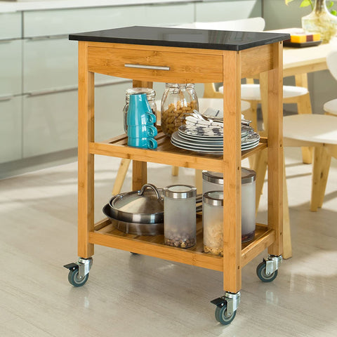 Rootz Bamboo Kitchen Trolley Cart - Kitchen Storage - Trolley Serving Trolley with Black Granite Countertop