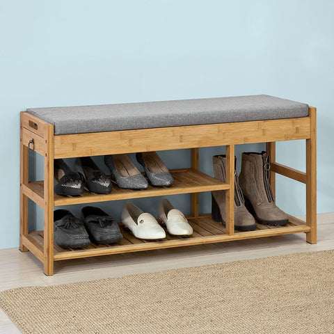 Rootz Bamboo Shoe Rack - Shoe Bench with Seat Cushion - Hallway Shoe Storage Bench Organizer with Drawers