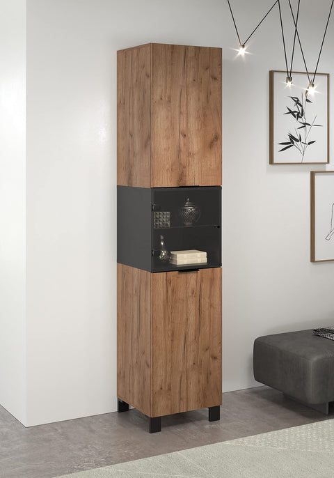 Rootz Stylish Display Cabinet - Showcase - Glass Cabinet in Tobacco Kraft - Oak/Black - 42x194x40 cm
